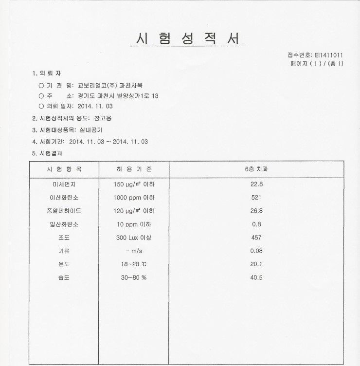 실내공기질 시험성적서 결과표 — 여덟 항목 모두 기준 안